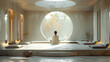 Femme méditation, environnement zen dans une maison épurée et spacieuse, position yoga, réflexion et perception des éléments