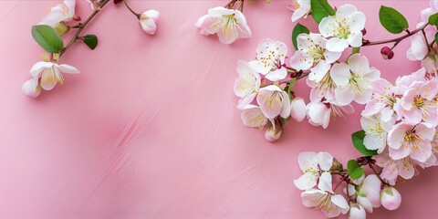 Sticker - Flowers blossoms on light pink background. Template with copy space