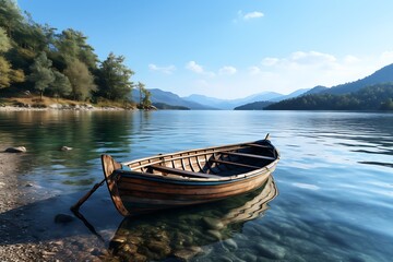 Wall Mural - Old wooden boat on the shore of a mountain lake in the morning