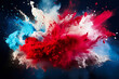 An explosion of red and white powder paint on a rich blue background, a splash of Holi powder paint in the colors
