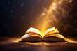 Golden book on galaxy background, golden rays around the book, glow, lines, sparks, and space for text