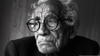 Wall Mural - An old man with glasses and a suit is looking at the camera, AI