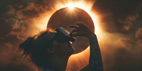 Wall Mural - showing a person viewing an eclipse with awe and excitement. The person is wearing protective paper glasses designed for eclipse viewing. The background features a darkened sky 