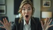 Astonished professional woman in surprise. A businesswoman exhibits a stunned reaction, ideal for presentations on unexpected business outcomes or events.