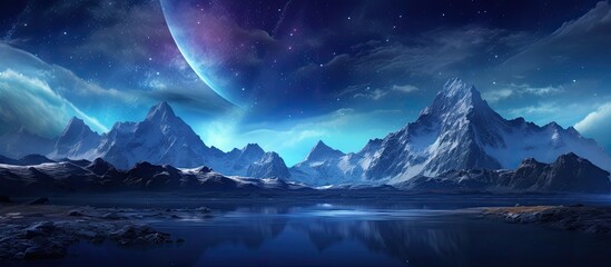 Wall Mural - A picturesque natural landscape with a lake reflecting the mountains, fluffy clouds in the sky, and a distant planet shining in the horizon. The perfect setting for outdoor entertainment