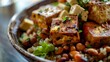 Plant-Based Protein Power A close-up shot of a protein-packed vegan meal featuring tofu quinoa and legumes artistically plated  AI generated illustration