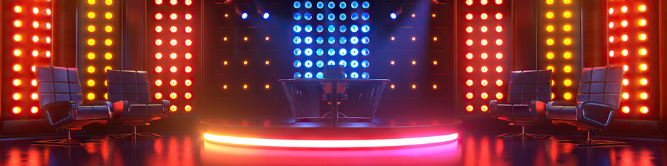 Wall Mural - Empty Game Show Talk Show Set With Stage Lights, Chairs, and a Table. Concept of Television Production, Studio Ambiance, Entertainment Setup, Stage Lighting, Talk Show Atmosphere, Showbiz Setting.
