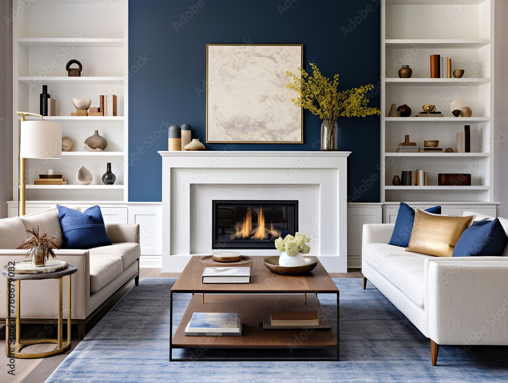 Art deco interior design of modern living room, home with fireplace and ...