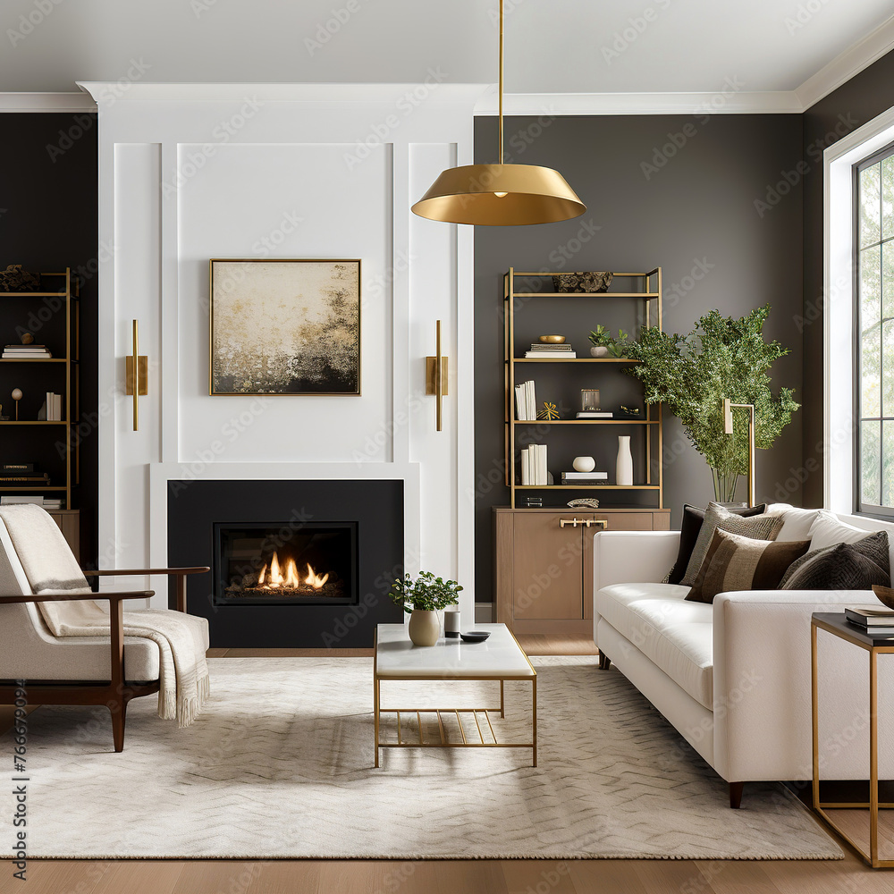 Art deco interior design of modern living room, home with fireplace and ...