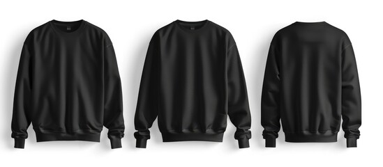Wall Mural - Blank sweatshirt mockup template with front and back views, isolated on a white background, featuring a plain black long-sleeved design for showcasing t-shirt designs and jumper prints.