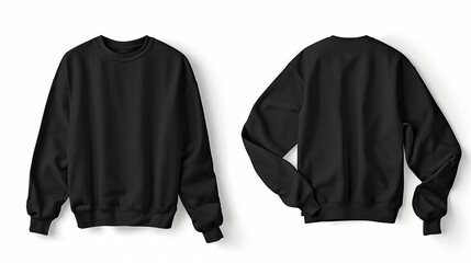 A blank black shirt mockup template displayed from front and back views, isolated on white, perfect for sweatshirt design presentations