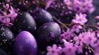 Purple and black Easter Eggs on dark Background. Happy Easter eggs