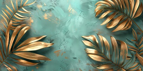 Palm leaves frame on turquoise and gold background, for wallpaper and product display