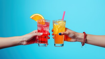 Close up of two female hands holding glasses with cocktails over blue background