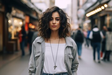 Wall Mural - Portrait of a beautiful young woman with curly hair in the city