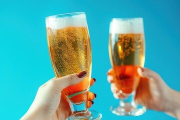 Wall Mural - Two hands holding two glasses of beer on a blue background.