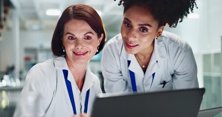 Wall Mural - women, partner and scientist in laboratory with laptop, tablet and check results with thinking for i