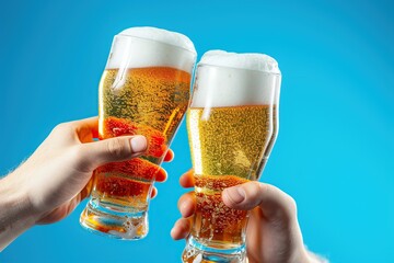 Wall Mural - clinking glasses of beer on blue background.