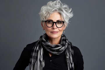 Wall Mural - Portrait of a beautiful mature woman wearing glasses and a scarf.