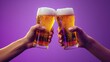 Close up of two hands clinking glasses of beer on purple background