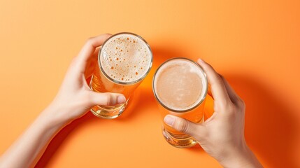 Wall Mural - Hands holding glasses of beer on orange background with copy space.