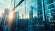 A close-up of the reflection of the city skyline in a glass office building    AI generated illustration