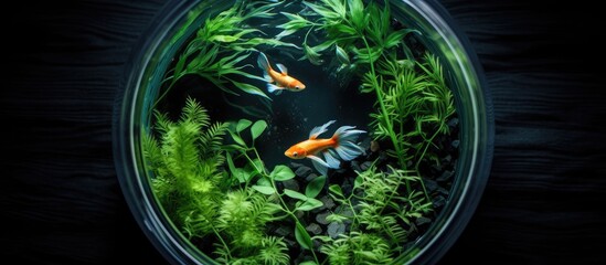 Wall Mural - Two fish are swimming in a glass bowl filled with liquid, surrounded by aquatic and terrestrial plants in a beautiful underwater ecosystem