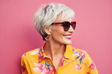 Wall Mural - Portrait of a beautiful smiling woman in sunglasses on a pink background