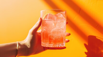 Wall Mural - Female hand holding a glass of cocktail with ice cubes on orange background