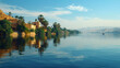 Lakeside scene Aswan with graceful reflection serene, Serene lakeside scene with a lone swan gliding across the water, Generative Ai 
