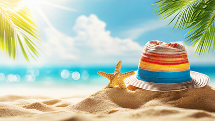 Wall Mural - Summer holiday background with hat and starfish on sunny beach. Tropical island vacation concept