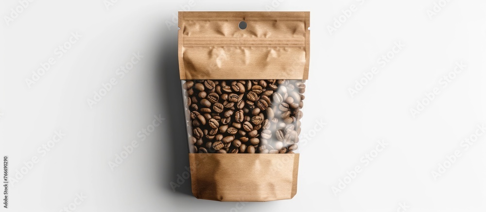 Brown Kraft paper bag with coffee beans in a clear window on a white ...