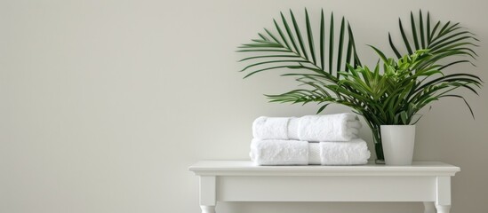 Wall Mural - There is a white table with white towels and a houseplant on top, with space for adding text or images.