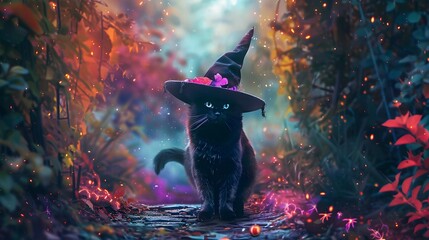 cat in the night with witch hat