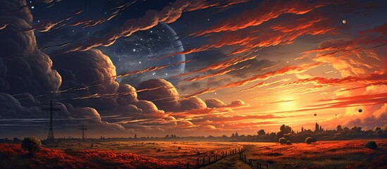 Wall Mural - a natural landscape painting depicting a sunset over a field with a planet in the sky, surrounded by