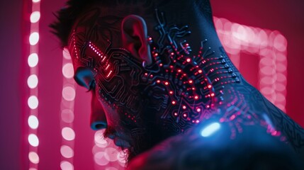 Cybernetic Body Modifications Detailed shots of futuristic cybernetic body modifications and enhancements featuring neon-lit ta AI generated illustration