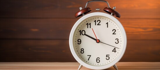 Poster - An analog clock is placed on a rectangular wooden table. The white quartz clock features a circle for the dial and numbers around it