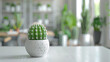 Small potted cactus on white table with blurred background.
