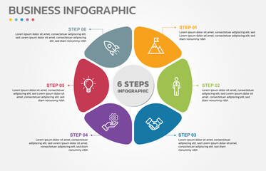 Visual data presentation. Cycle diagram with 6 options. Pie Chart Circle infographic template with 6 steps, options, parts, segments. Business concept. Editable pie chart with sectors. 