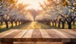 empty wooden table top texture board on a blurred background of an orchard trees in blurred bokeh
