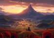 Illustration of a Cowboy in a Poppy Field Overlooking a Mountain Landscape at Sunrise or Sunset