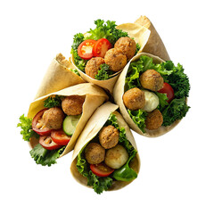 Crispy falafel balls wrapped in pita bread, isolated on transparent background.