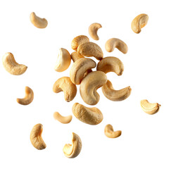 Flying cashew nuts isolated on transparent background. Healthy food. Top view.