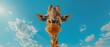 SkyHigh Grace Closeup of a giraffe, its long neck stretching towards the sky, spots detailed against a backdrop of blue skies and clouds , ultra HD