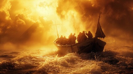 Wall Mural - A boat with people on it in the ocean during a storm, AI