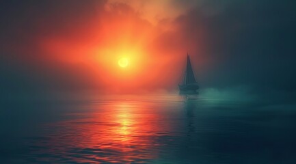 Wall Mural - A ship sails in the ocean at sunset