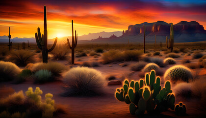 Wall Mural - A sunset in the desert with cacti and canyons in the foreground