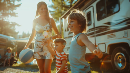 Mother and children at camping site beside RV in park having fun time in sunny summer