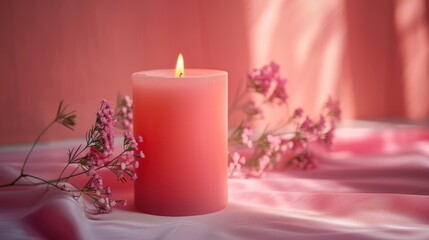 Wall Mural - A pink candle on a table with some flowers next to it, AI