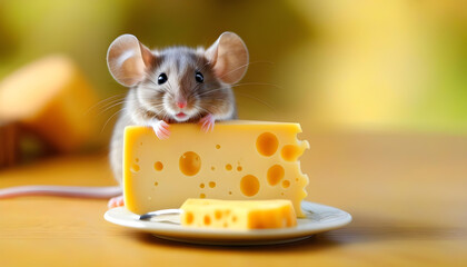 Wall Mural - A small mouse nibbling on a piece of cheese on a wooden table